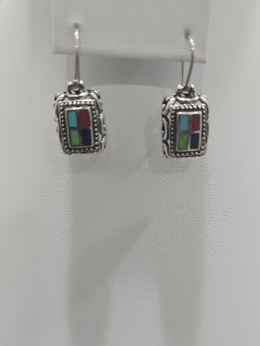 Sterling Silver Multi-Stone Inlay Drop Earrings - Red, Turquoise, Green, Navy
